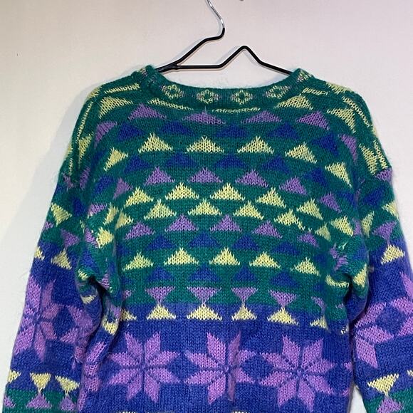 Gallagher Mohair Sweater Womens Large Purple Green Snowflake Abstract Pullover - Picture 3 of 13